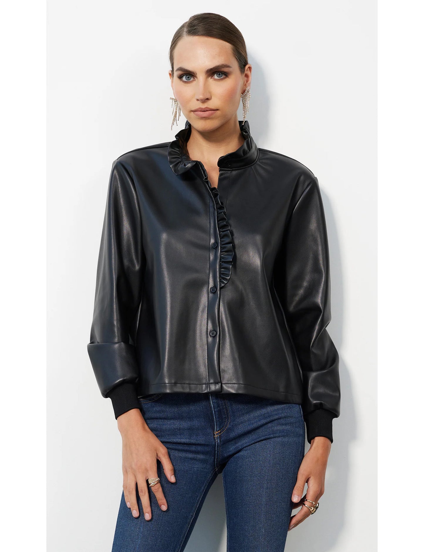 Ruffle detail Faux Leather Blouse