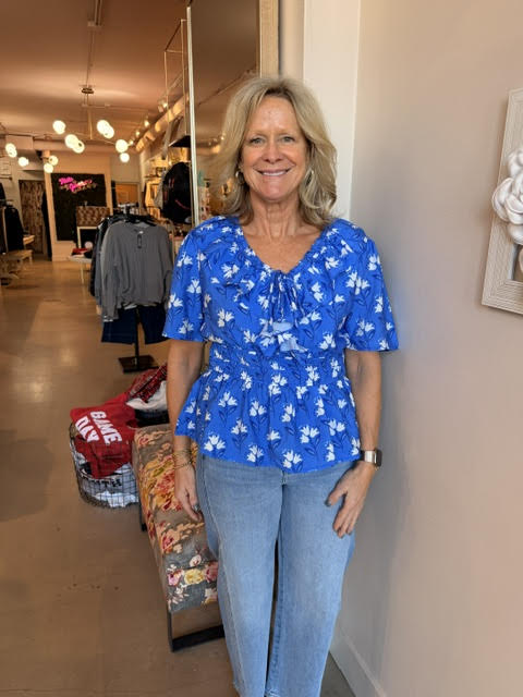 V Neck Printed Top Blue