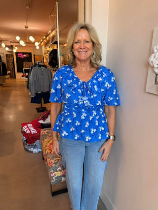 V Neck Printed Top Blue